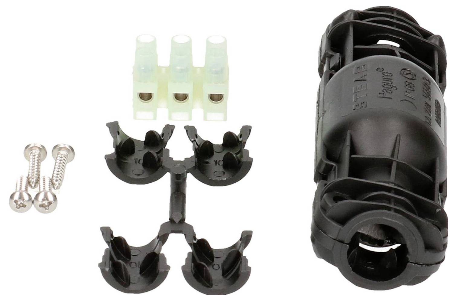 Steckverbinder-Set mit schwarzem Gehäuse, drei Schrauben, drei Isolatoren und einer Halterung; für elektrische Verbindungen.