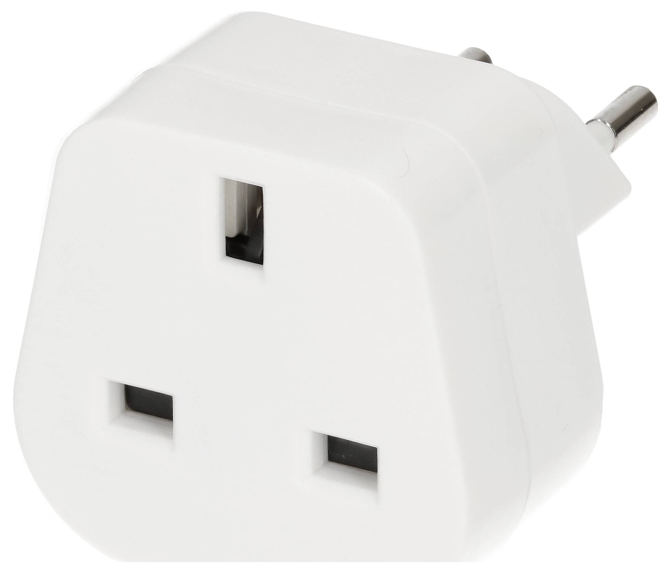 Ein weißer Steckdosenadapter mit zwei runden Pins, geeignet zum Konvertieren von UK- zu EU-Steckdosen.