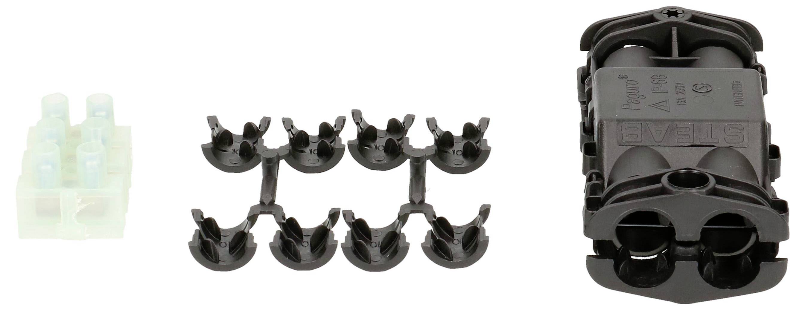 Drei elektrische Komponenten: links eine transparente 3-polige Lüsterklemme, in der Mitte sechs kleine schwarze Clips, rechts ein schwarzes Gehäuse.