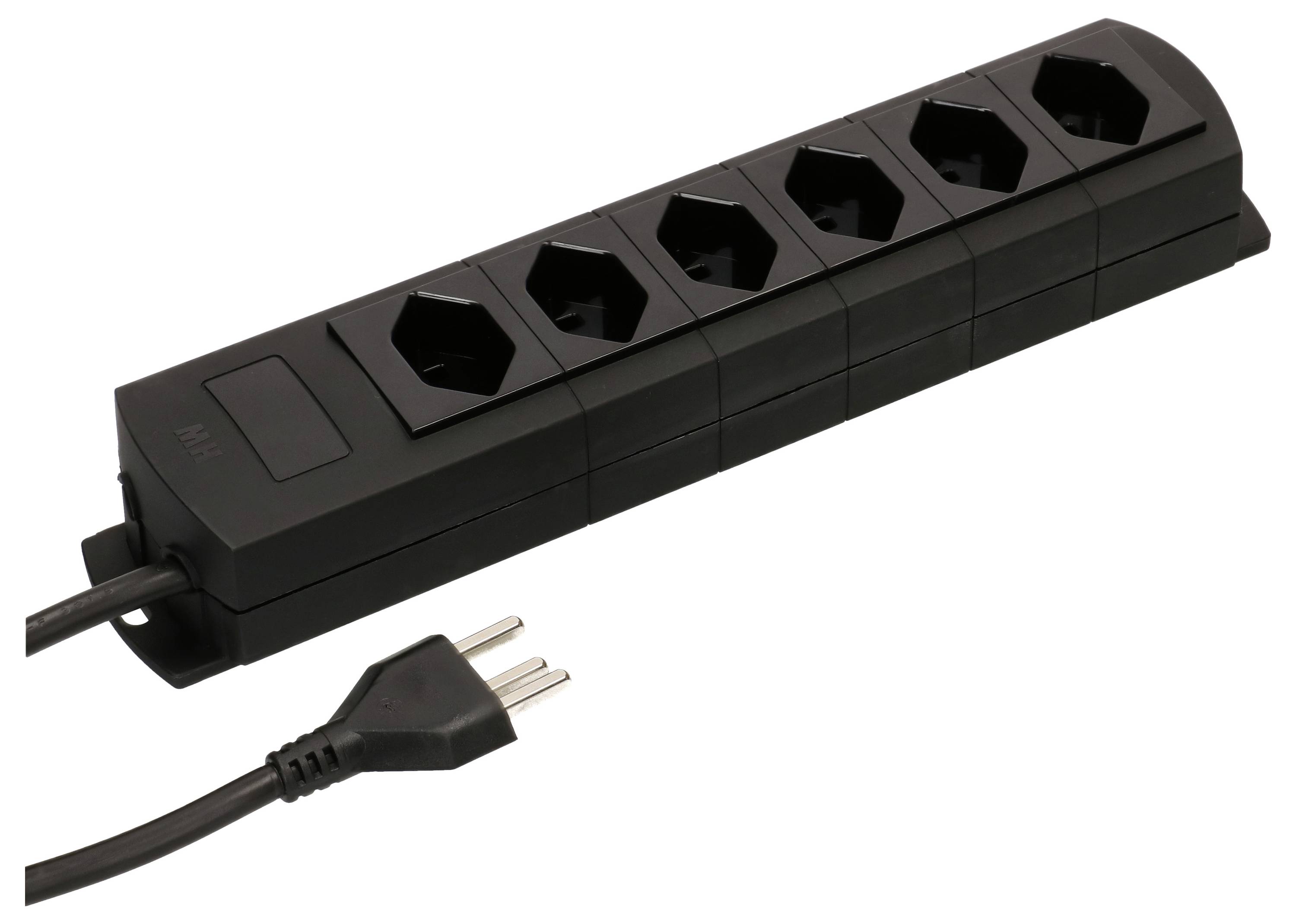 Schwarze Steckdosenleiste mit fünf Steckplätzen und einem angeschlossenen Kabel und Stecker, geeignet für den Einsatz im Innenbereich.