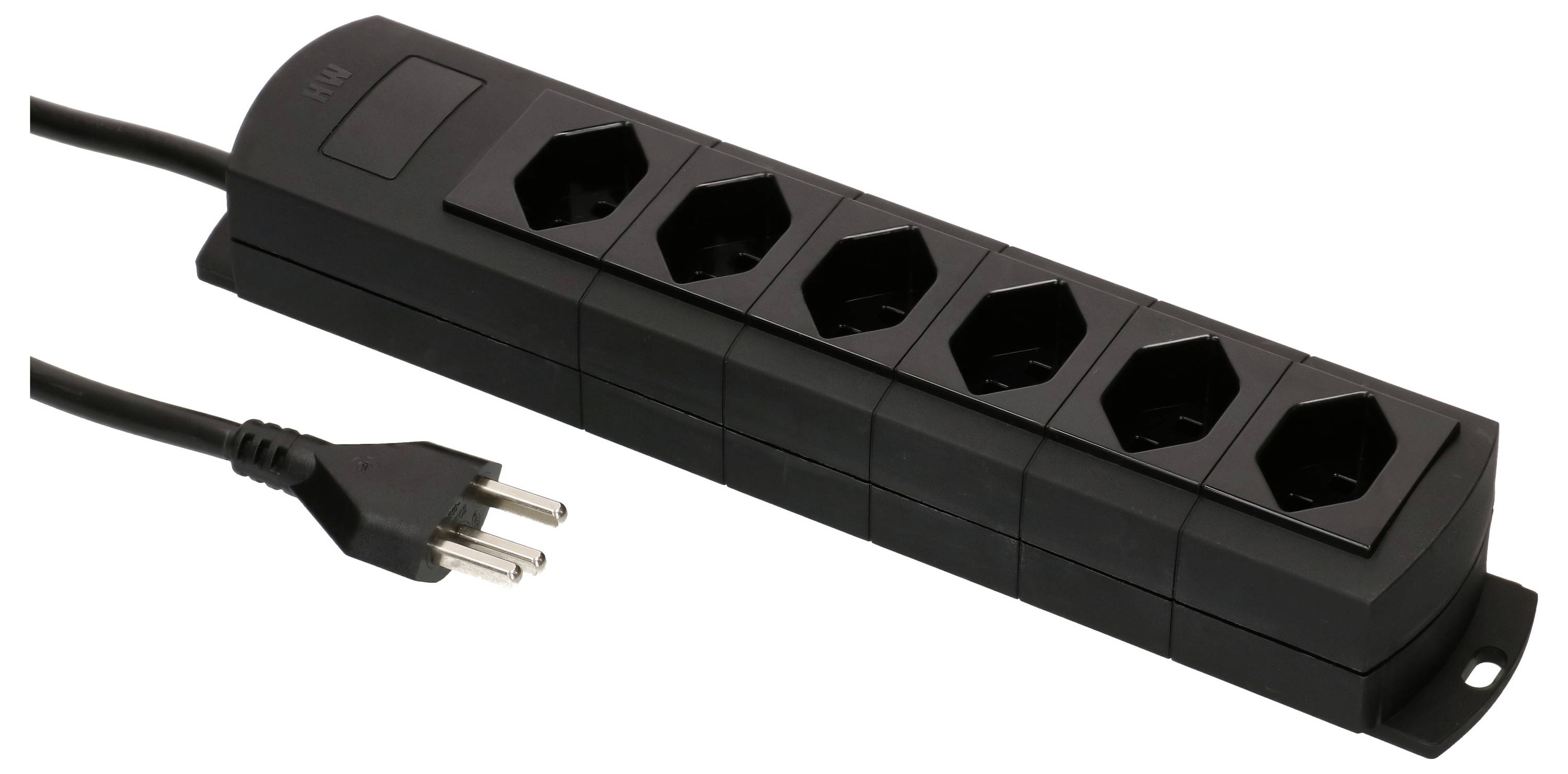 Schwarze 6-fach Steckdosenleiste mit sechs seitlichen Steckplätzen und einem drei-poligen Stecker, geeignet für den Innengebrauch.