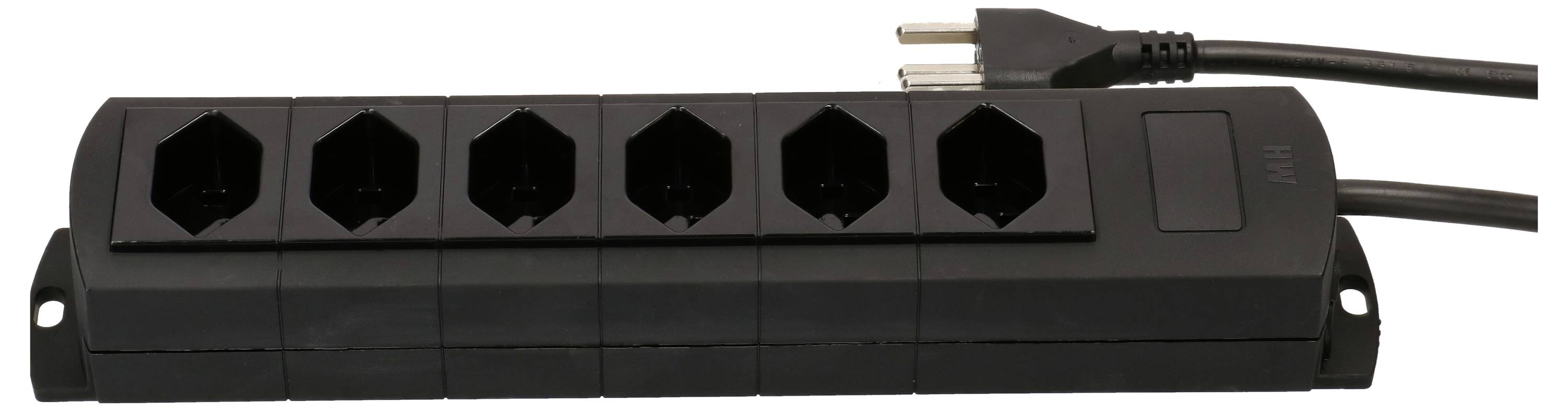 Schwarze Steckdosenleiste mit sechs Steckplätzen und einem schwarzen Netzkabel mit zweipoligem Stecker.