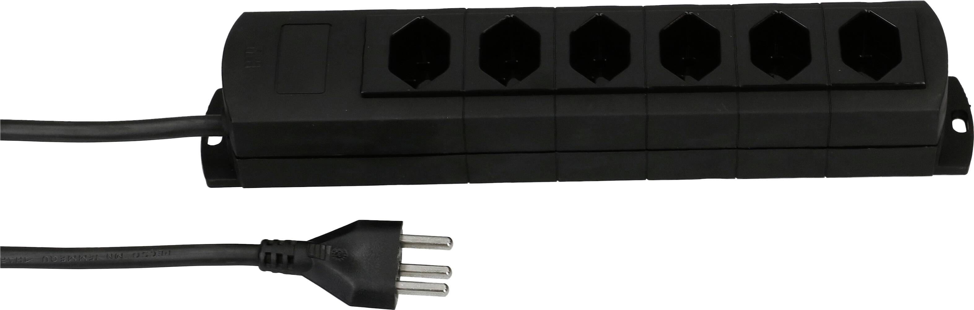 Schwarze Steckdosenleiste mit fünf Steckplätzen und einem angeschlossenen dreipoligen Stecker.