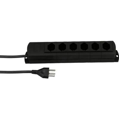 Schwarze Steckdosenleiste mit fünf Steckplätzen und einem angeschlossenen dreipoligen Stecker.