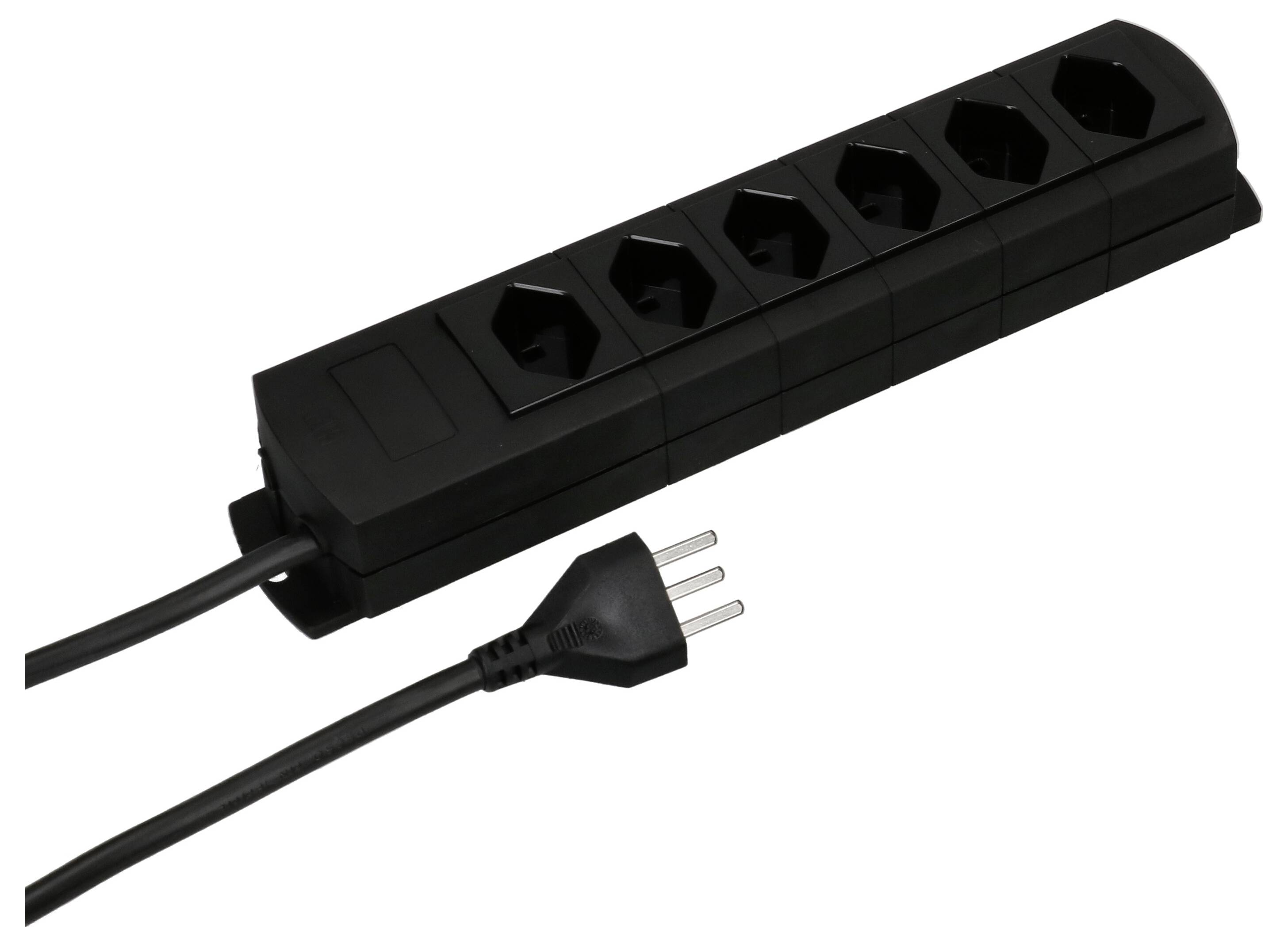 Fünfsteckleisten-Verteiler mit schwarzem Kabel, geeignet zum Anschließen mehrerer Elektrogeräte.