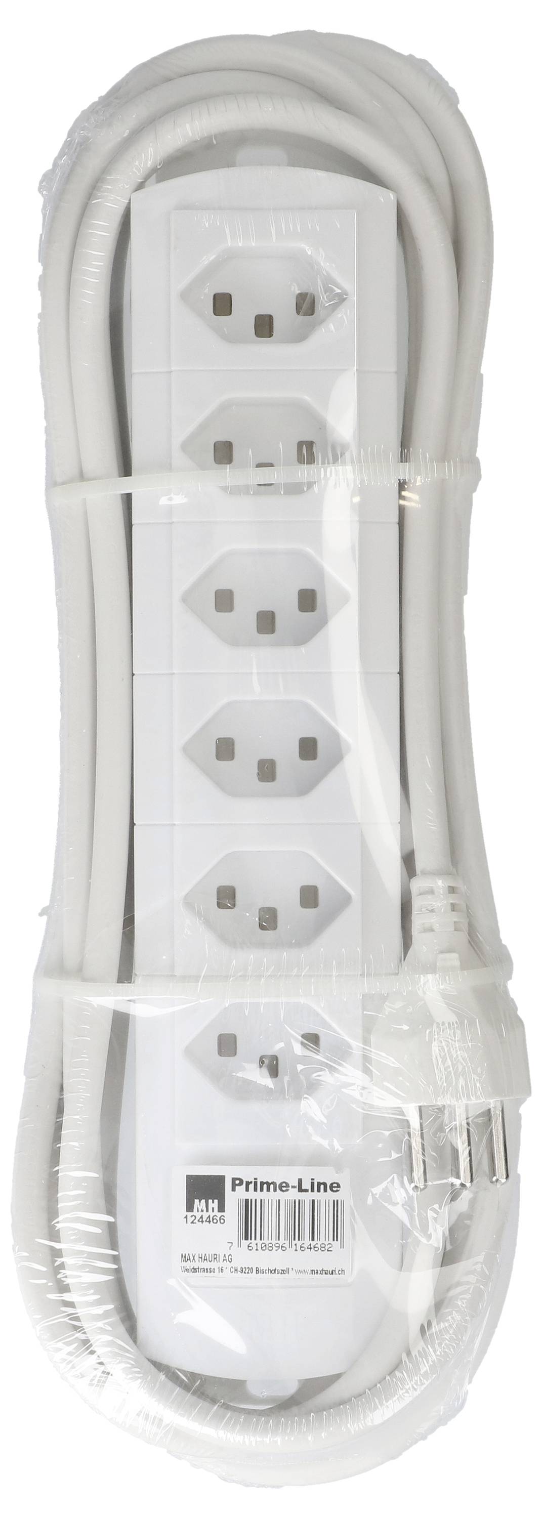 Eine weiße Steckdosenleiste mit sechs Steckplätzen und einem langen Kabel, mit Verpackung versehen.