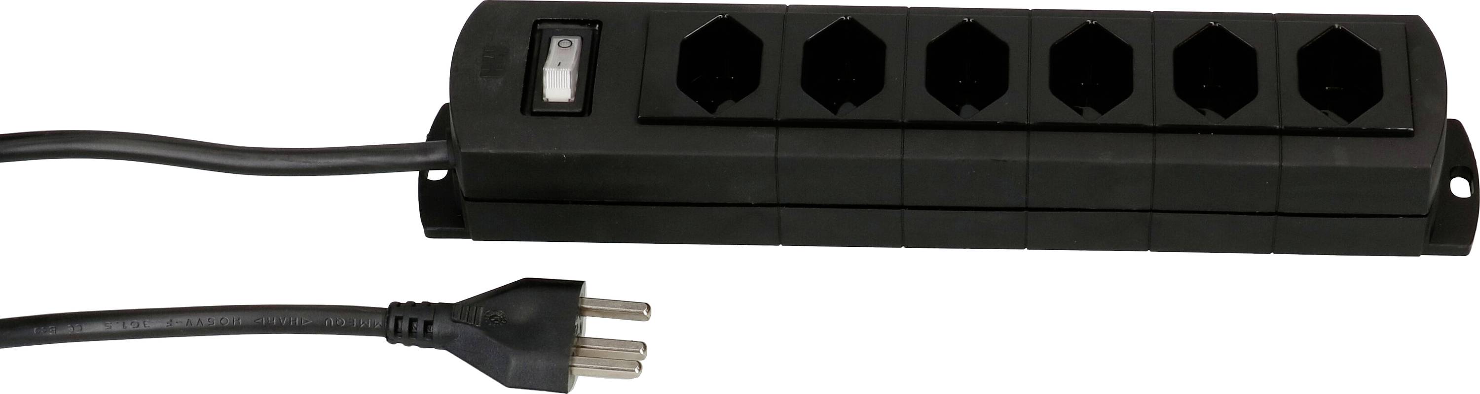 Schwarze Steckdosenleiste mit fünf Steckplätzen und einem Kippschalter, an einem Kabel mit Stecker angeschlossen.