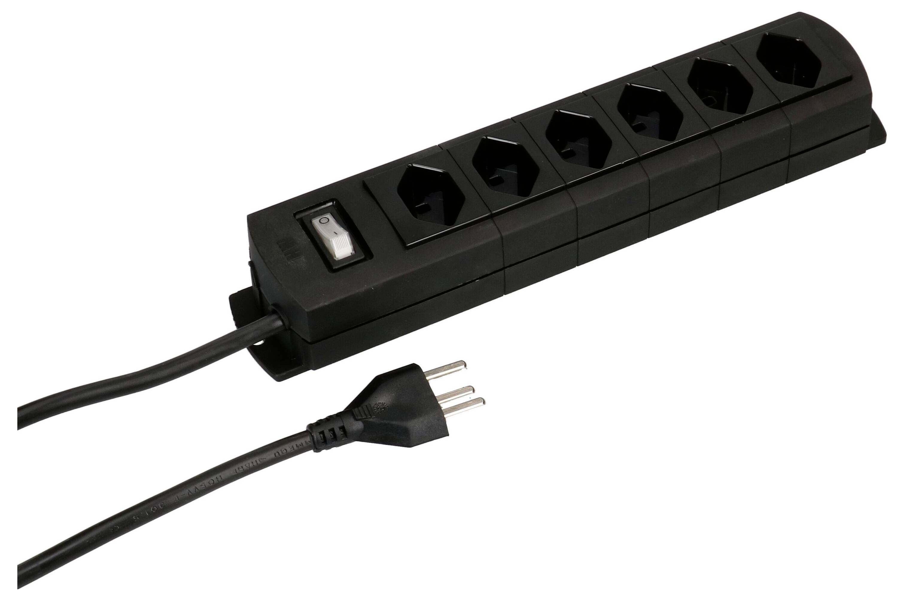 Sechsfach-Steckdosenleiste mit Ein/Aus-Schalter, schwarzes Design, passende EU-Steckdose angesteckt, für Elektrozubehör geeignet.