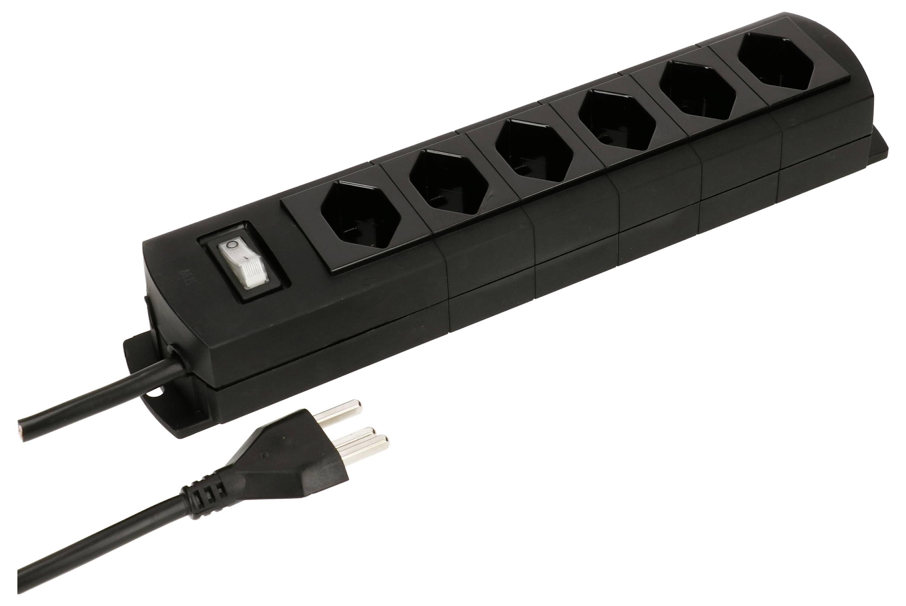 Sechsfache Steckdosenleiste mit schwarzem Gehäuse und Schalter, EU-Stecker, geeignet für mehrere elektrische Geräte.