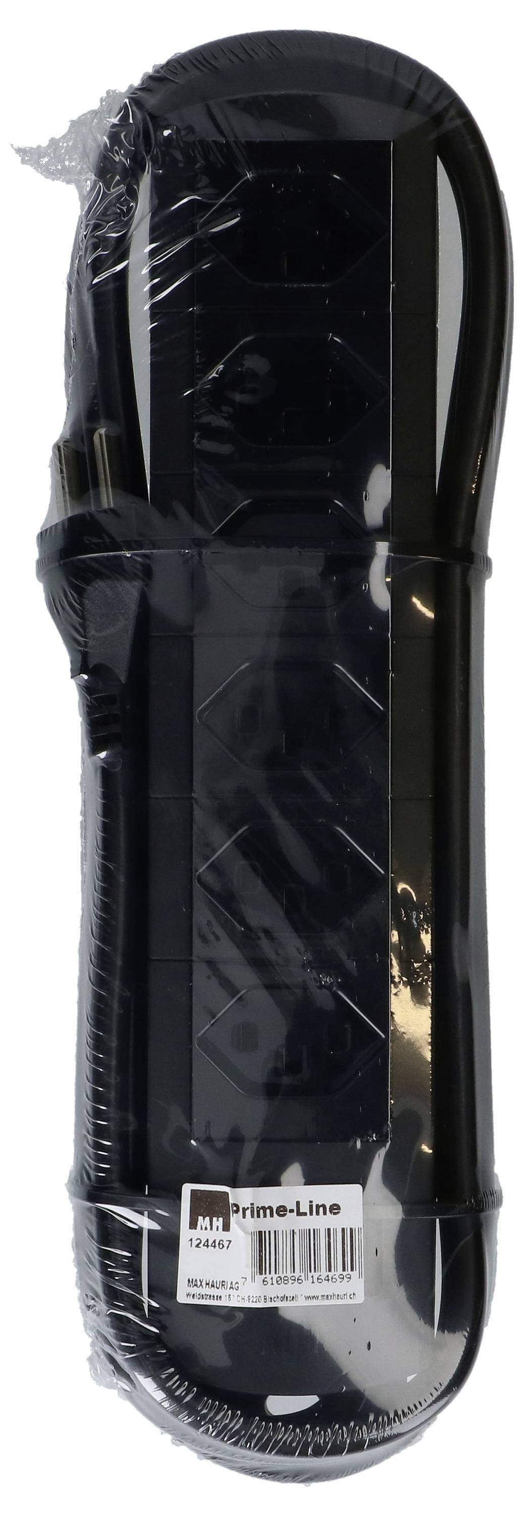 Eine schwarze Prime-Line Fensterausgleichsschiene in Plastikverpackung.