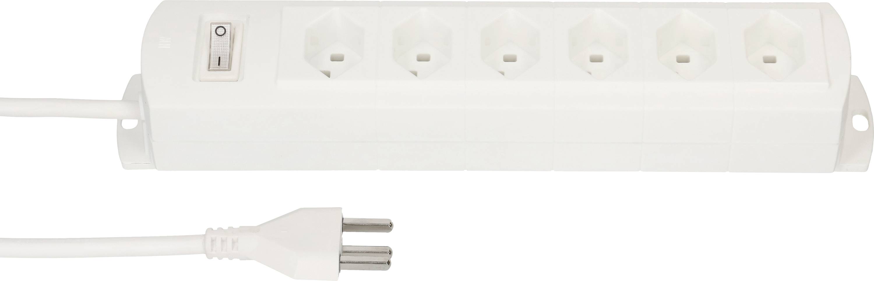 Sechser-Steckdosenleiste mit Ein-/Ausschalter und abnehmbarer Netzkabel, geeignet zur Stromverteilung für Elektrogeräte.