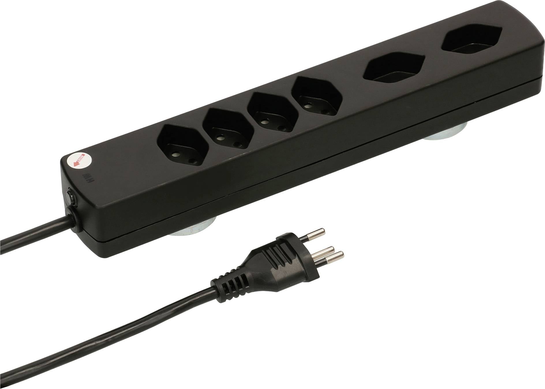 Schwarze Mehrfachsteckdose mit fünf Steckplätzen und einem Kabel mit Eurostecker, geeignet für elektronische Geräte.
