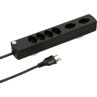 Schwarze Mehrfachsteckdose mit fünf Steckplätzen und einem Kabel mit Eurostecker, geeignet für elektronische Geräte.