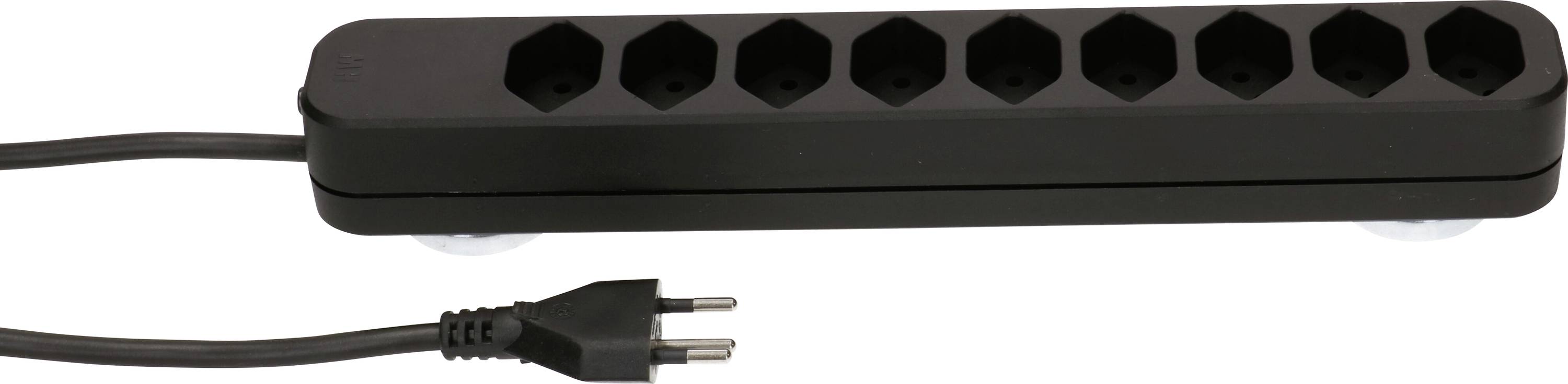 Achtfach-Steckdosenleiste in Schwarz mit Kabel und Eurostecker, geeignet für den Einsatz in Innenräumen zur Stromversorgung.