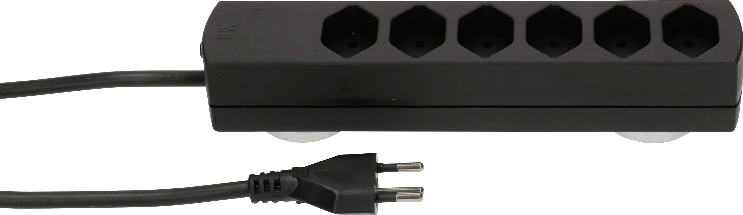 Sechsfache schwarze Steckdosenleiste mit Kabel und zwei Eurosteckern.