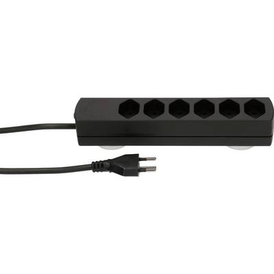 Sechsfache schwarze Steckdosenleiste mit Kabel und zwei Eurosteckern.