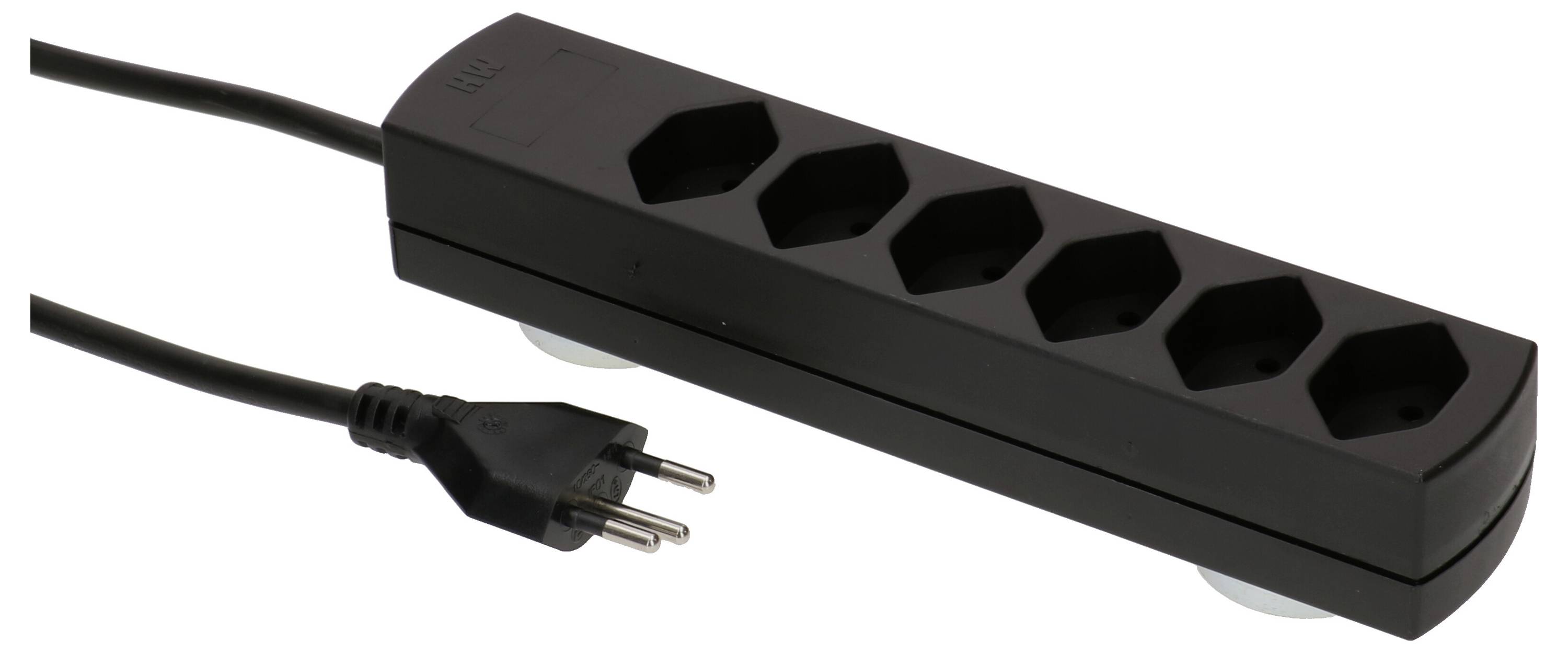 Schwarze Steckdosenleiste mit sechs Steckplätzen und einem zwei-poligen Stecker an einem Kabel.