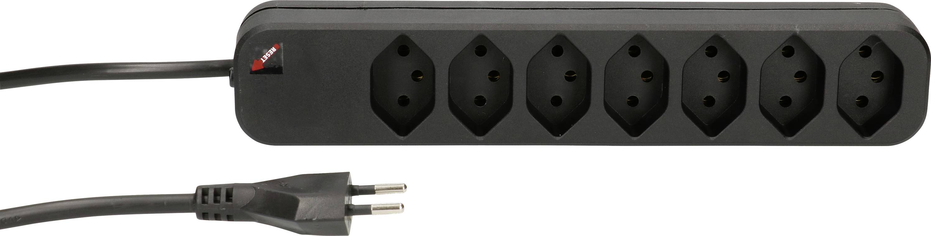 Schwarze Steckdosenleiste mit sechs Steckplätzen und einem angeschlossenen Netzkabel.