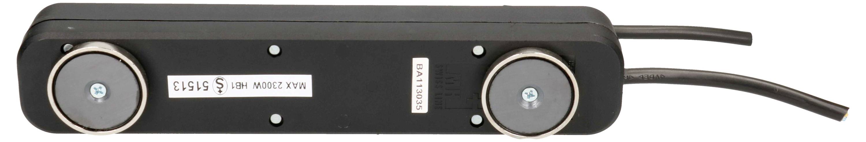 Schwarzer Magnet-Montagehalter mit zwei runden Magneten und angeschlossenen Kabeln, geeignet zur Befestigung von Geräten an metallischen Oberflächen.
