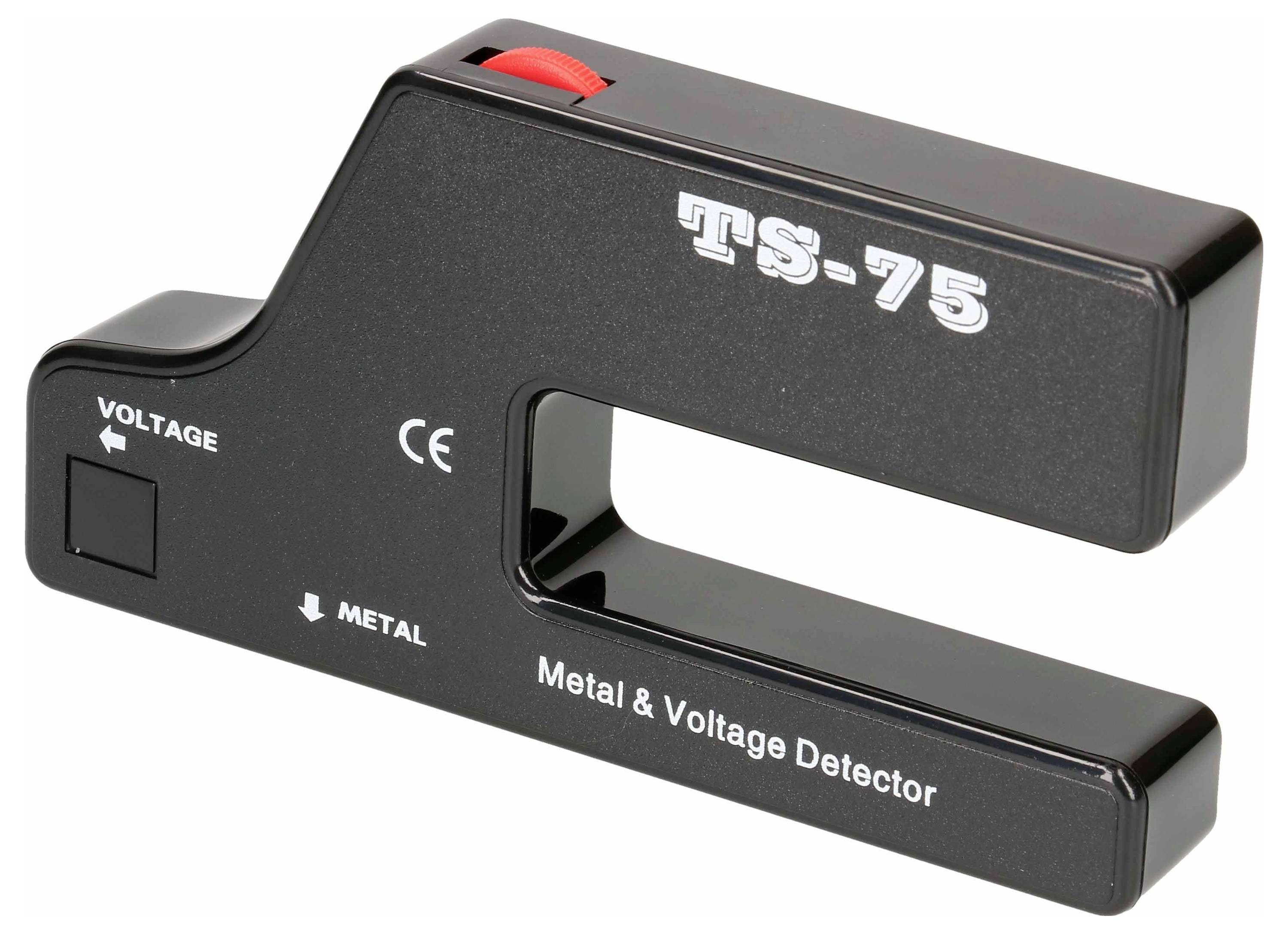 'TS-75 Metall- und Spannungsdetektor in Schwarz mit rotem Schalter, zeigt Spannungs- und Metallpositionen an, CE-Kennzeichnung vorhanden.'