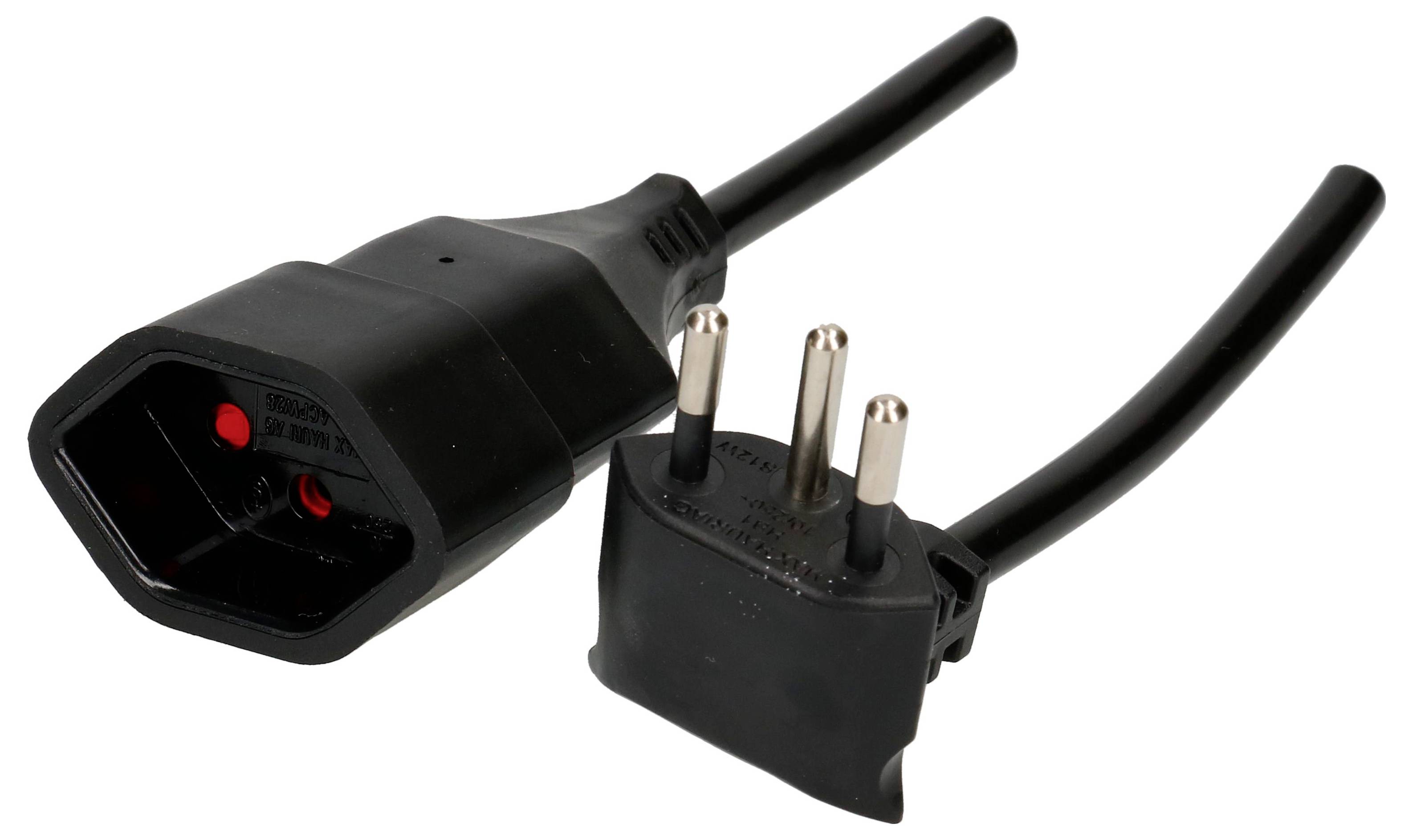 Ein schwarzes Netzkabel mit einem dreipoligen Stecker und einer Buchse. Beide Anschlüsse sind standardmäßig für Elektronikgeräte.