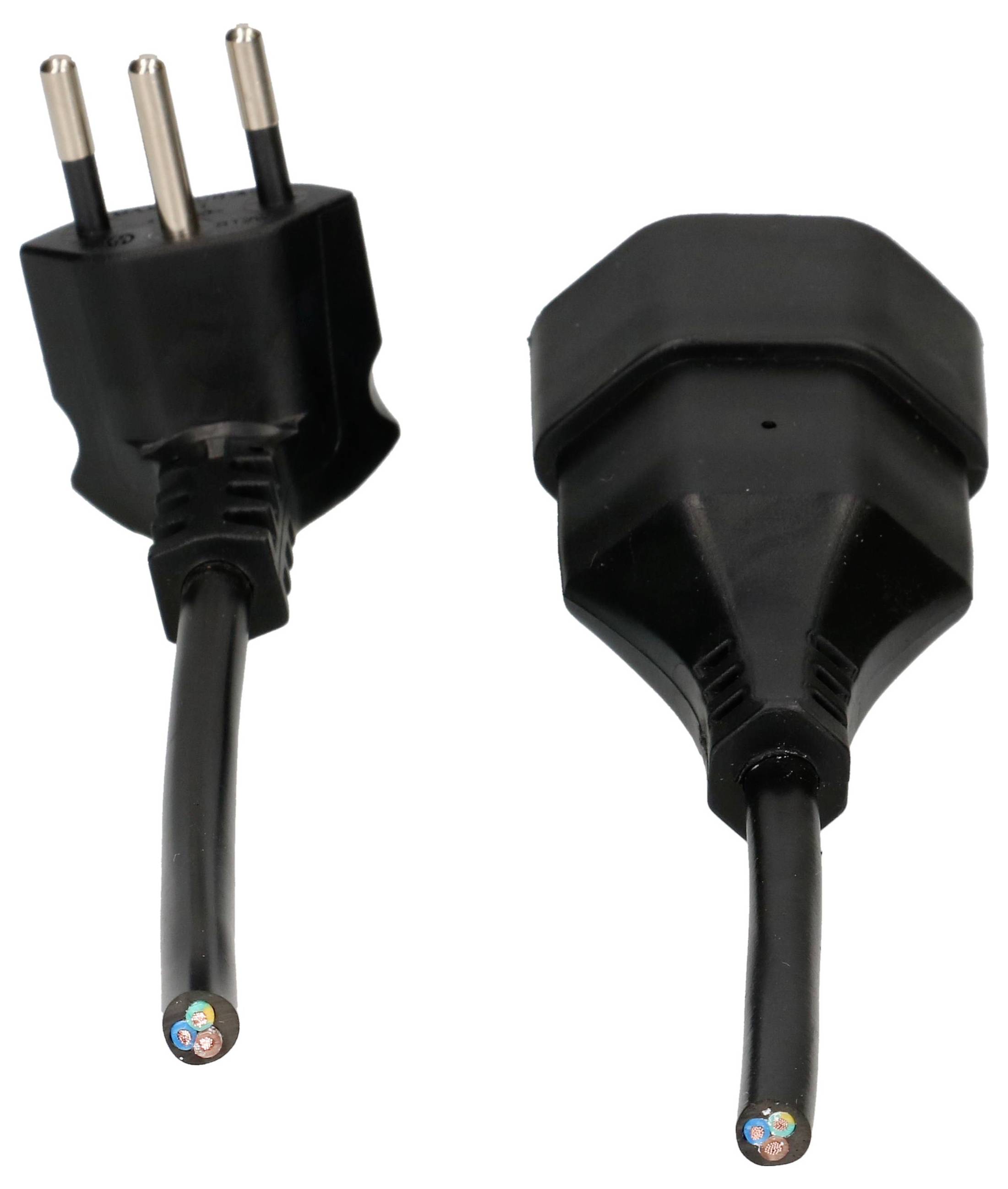 Ein schwarzes, dreipoliges Netzkabel mit Stecker, anscheinend für den Anschluss an elektrische Geräte. Beide Enden sind sichtbar.