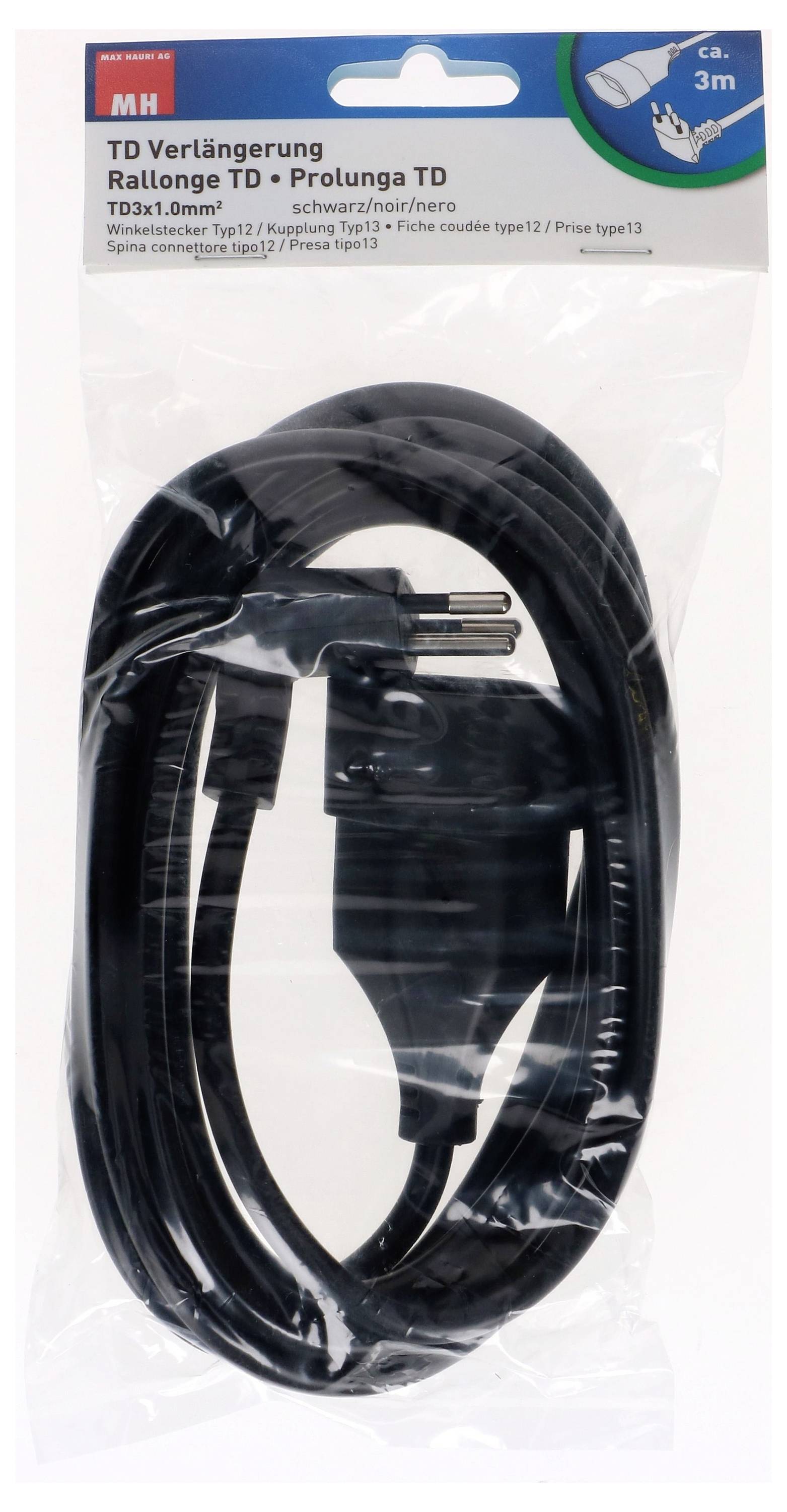 Eine schwarze Verlängerungskabelrolle in einer Plastikverpackung. Oben steht: 'TD Verlängerung, ca. 3m, TD03x1.0mm²'.
