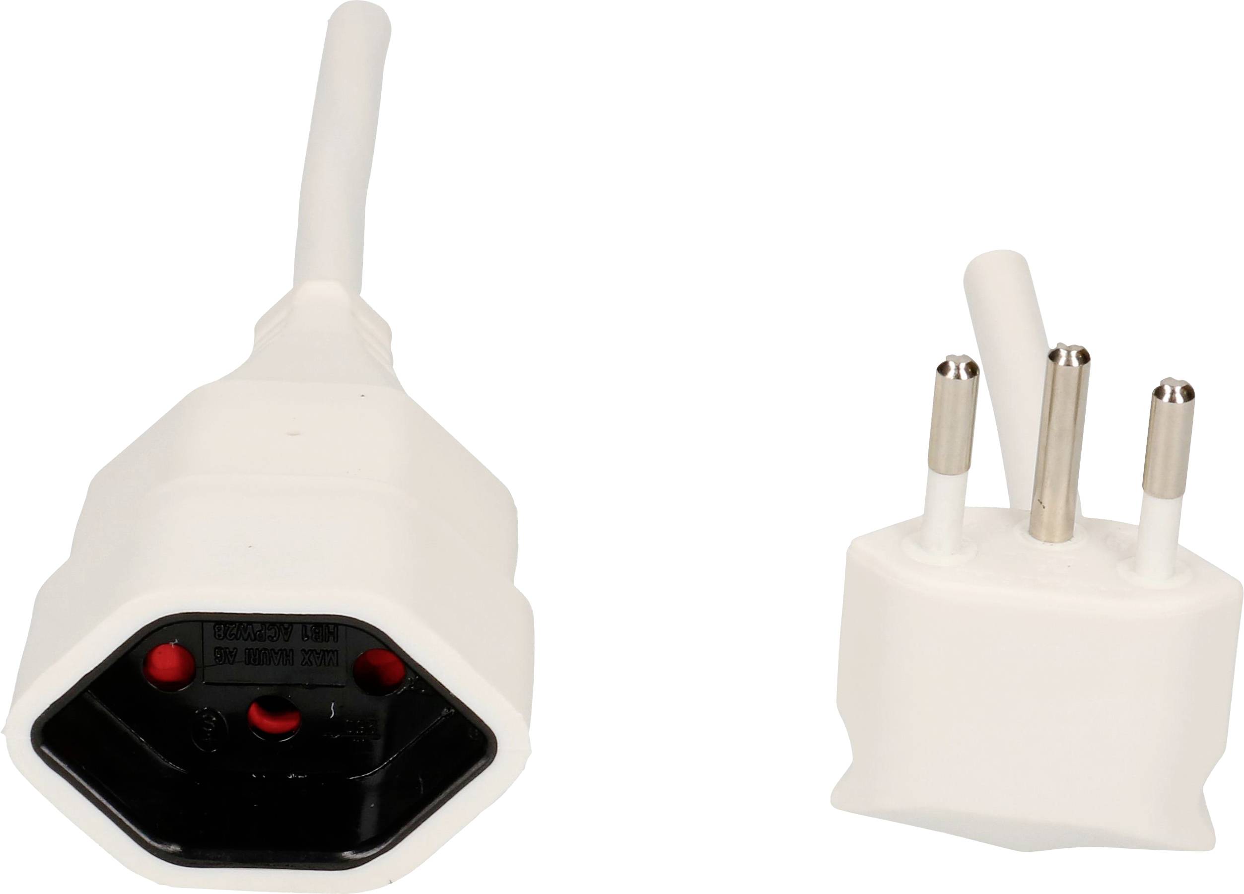 Ein weißer, auseinandergebauter Netzstecker mit dreipoliger Buchse und Stecker.