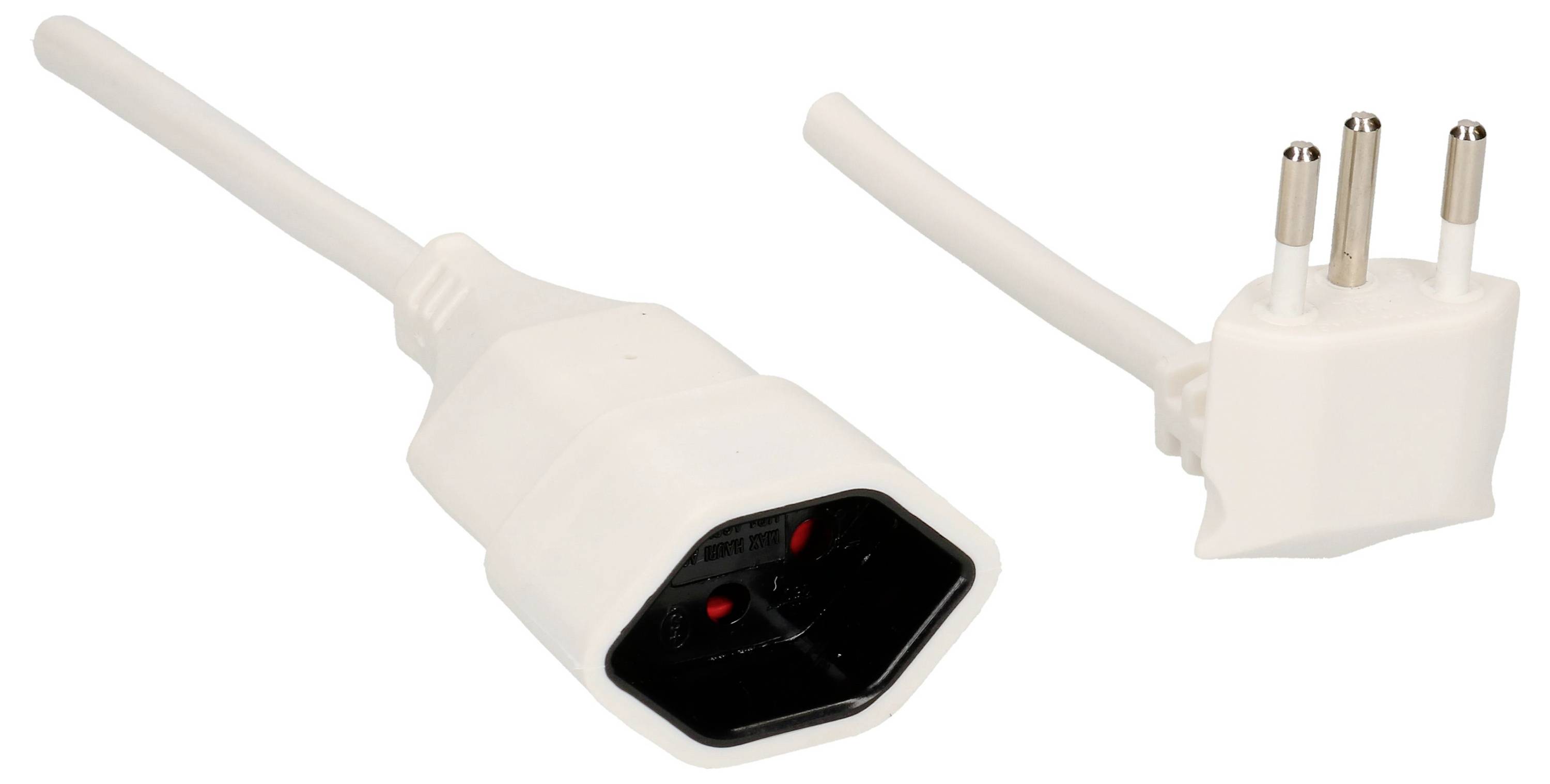 Zwei weiße Netzkabeladapter, einer mit sechspoligem Stecker, der andere mit dreipoliger Buchse. Sie sind nebeneinander angeordnet.