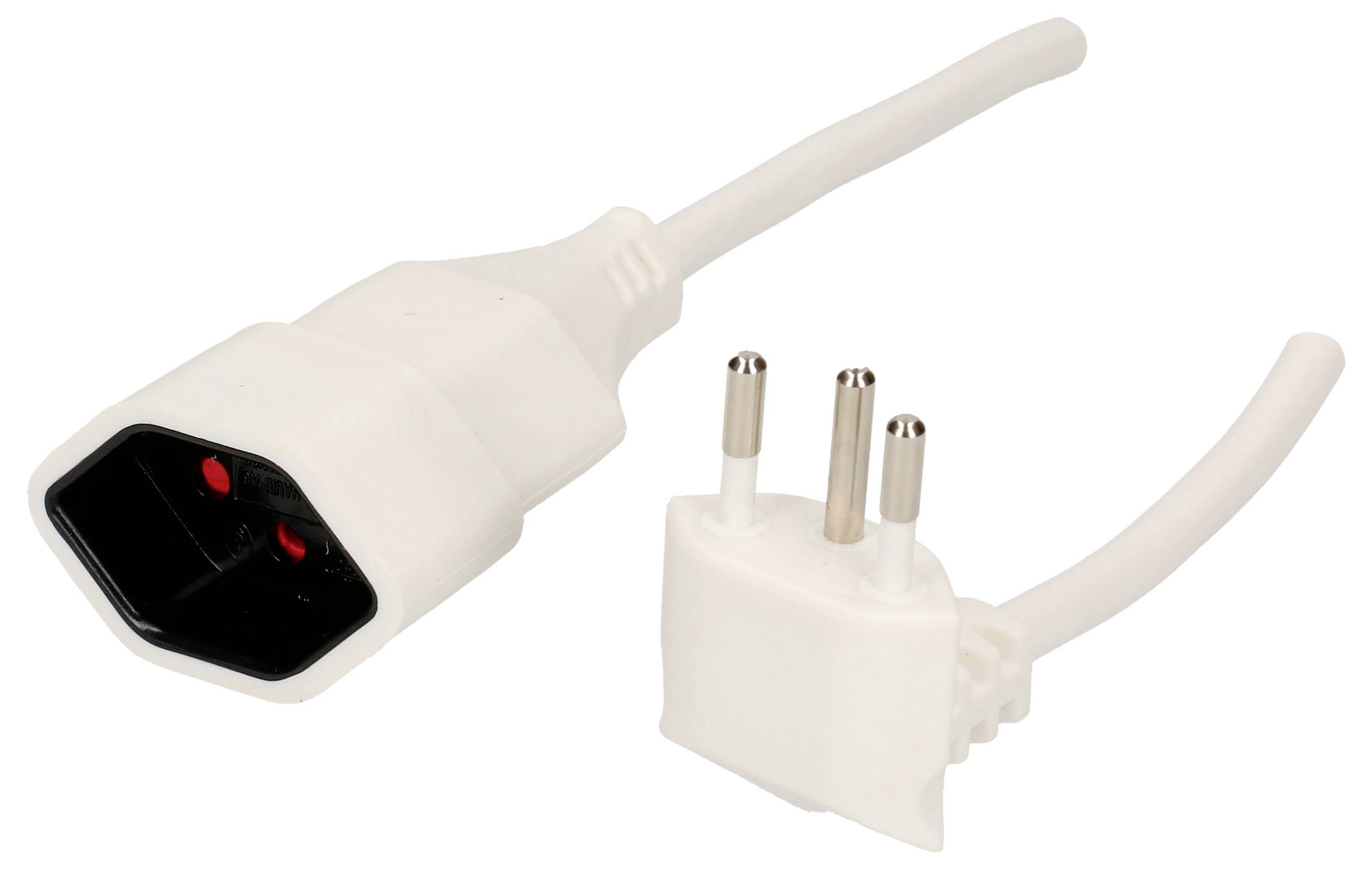 Ein weißes Stromkabel mit einem C13-Stecker links und einem schweizerischen T13-Stecker rechts. Der C13-Stecker hat ein rechteckiges Gehäuse.