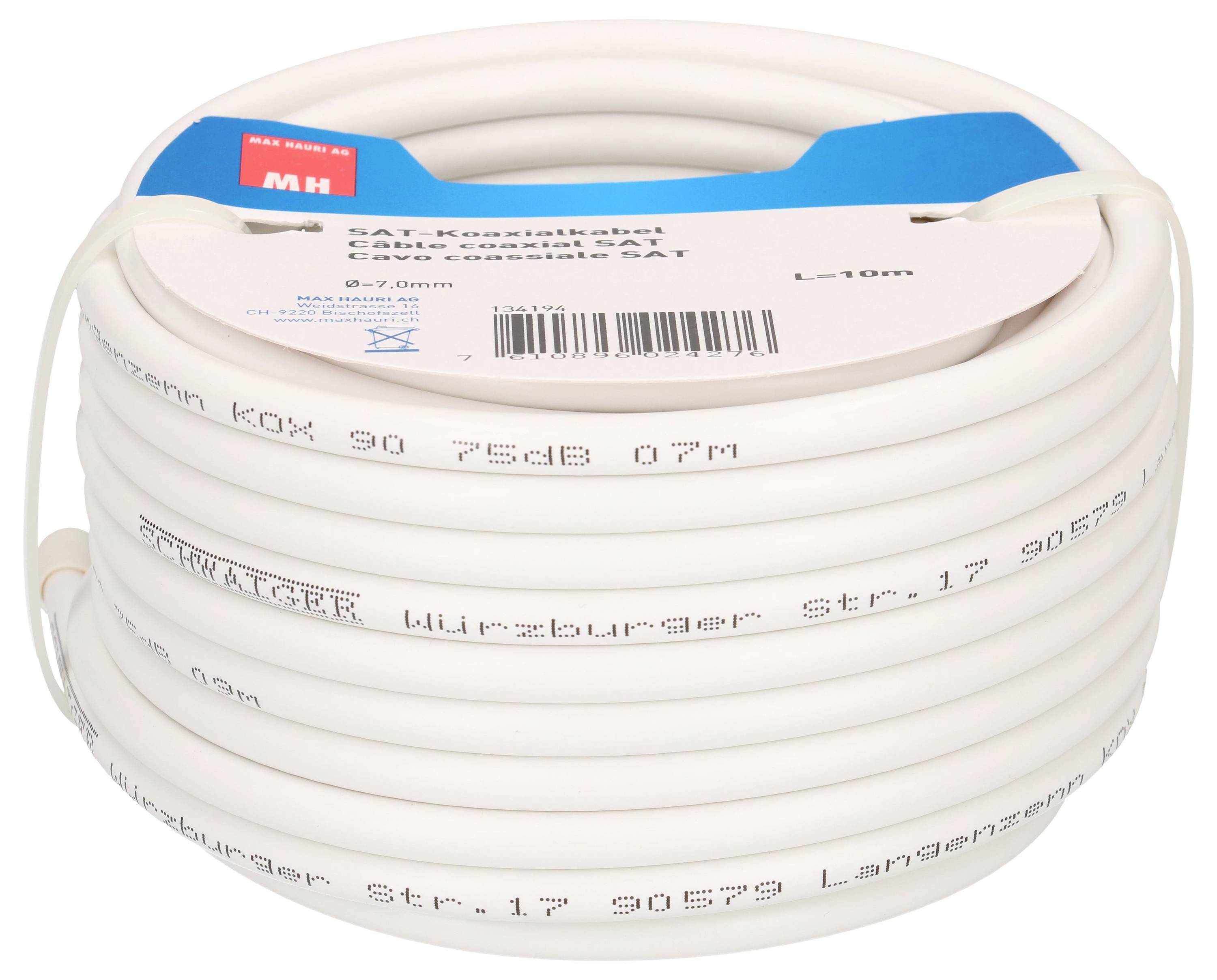Weiße SAT-Koaxialkabelrolle, 10 m Länge, auf Kartonspule. Kabel ist für TV-Anschluss geeignet, mit blauer Verpackung und Beschriftung.