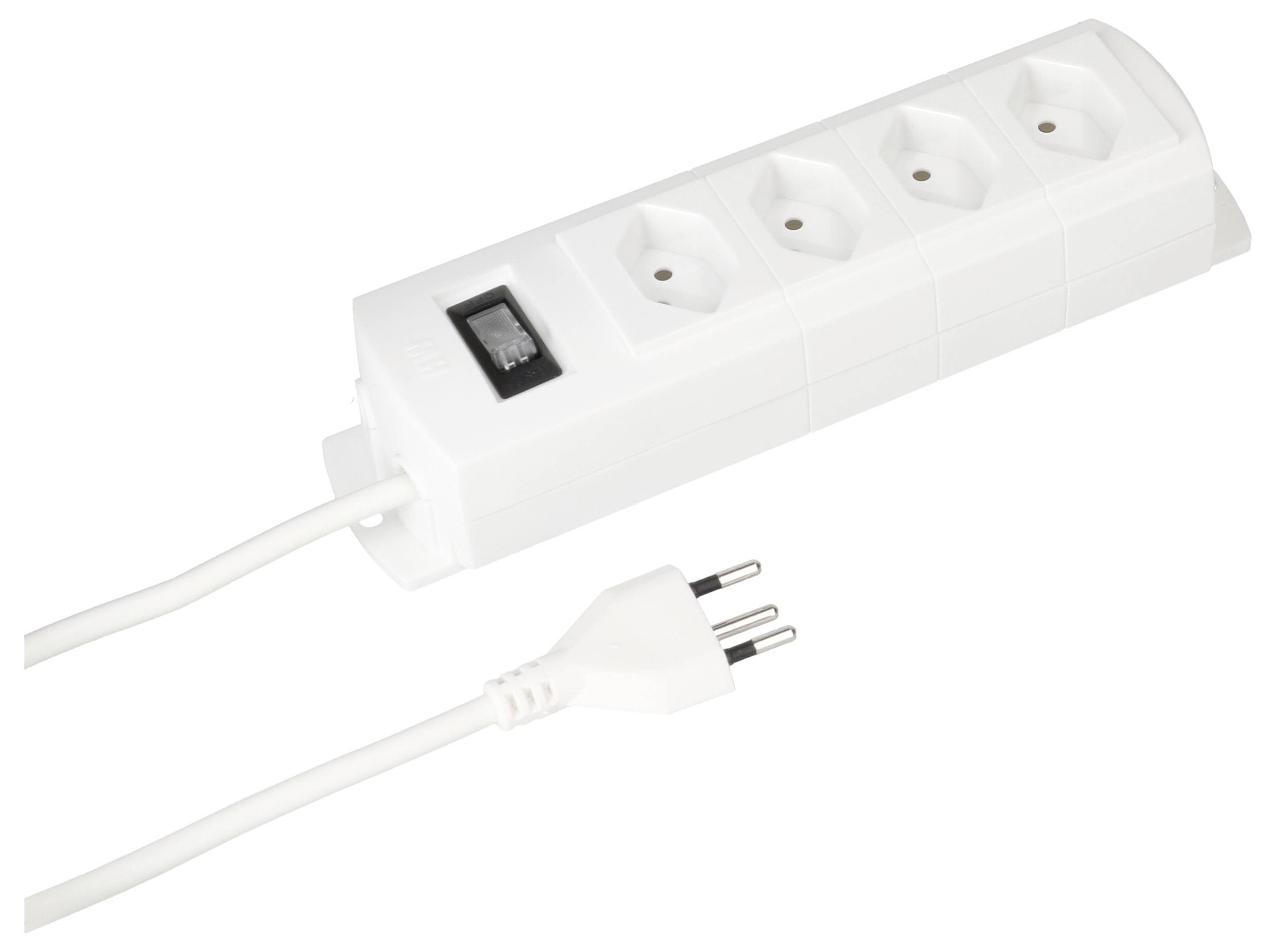 Ein weißes Mehrfachsteckdosenleiste mit vier Steckplätzen und einem Ein-/Ausschalter, verbunden durch ein weißes Stromkabel mit Stecker.