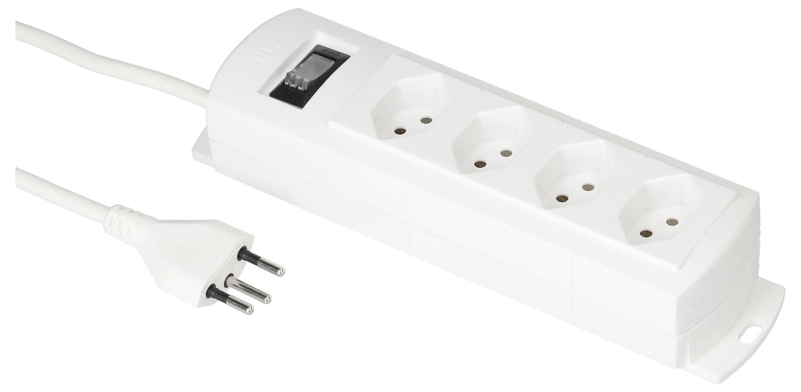 Eine weiße Steckdosenleiste mit drei Steckplätzen und einem Ein-/Ausschalter. Ein Netzkabel mit Stecker ist links angeschlossen.