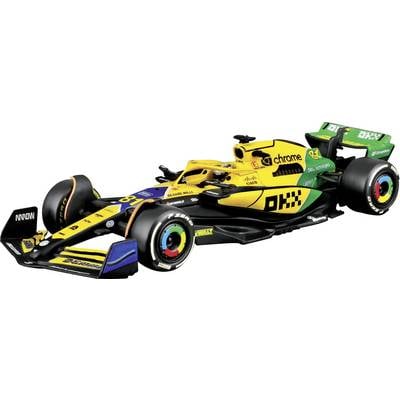 Ein Formel-1-Rennwagen in Gelb und Schwarz mit Sponsorenlogos steht auf weißem Hintergrund, bereit für ein Rennen.