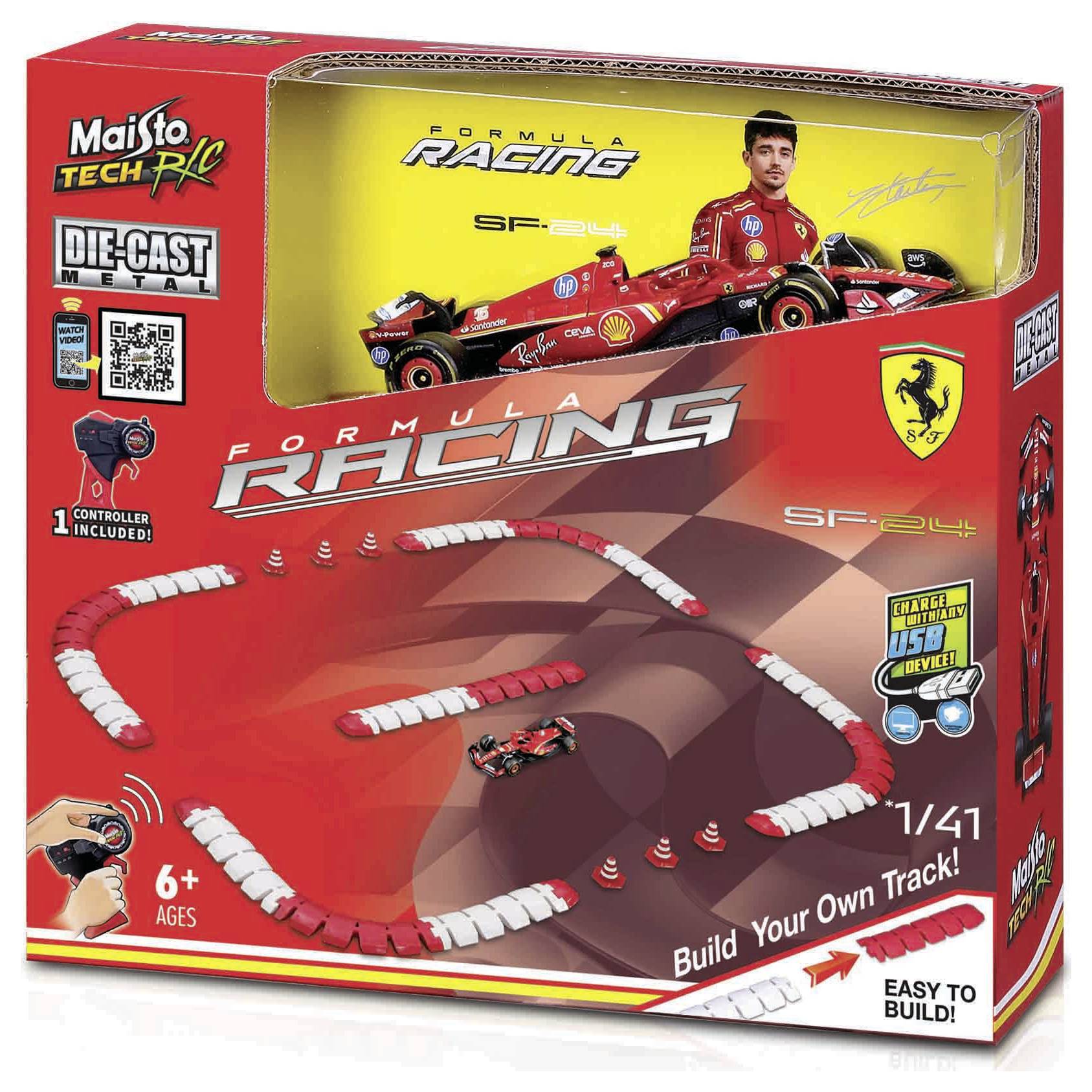 Spielzeugauto-Set im Ferrari-Design mit ferngesteuertem Modellauto und Rennstrecke, geeignet für Kinder ab 6 Jahren.
