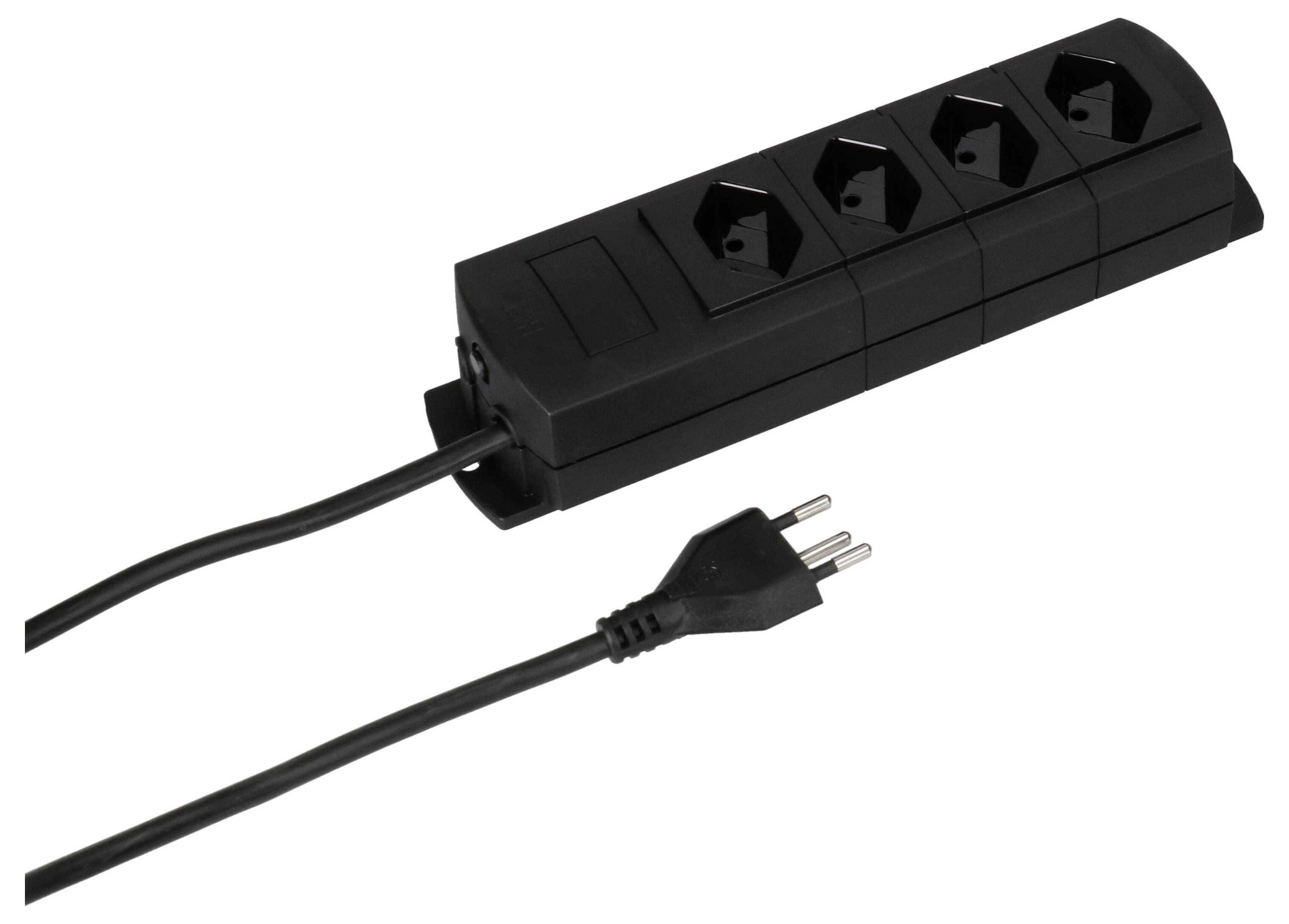 Eine schwarze Mehrfachsteckdose mit vier Anschlüssen und einem angeschlossenen Netzkabel mit Stecker. Ideal für mehrere Geräte.