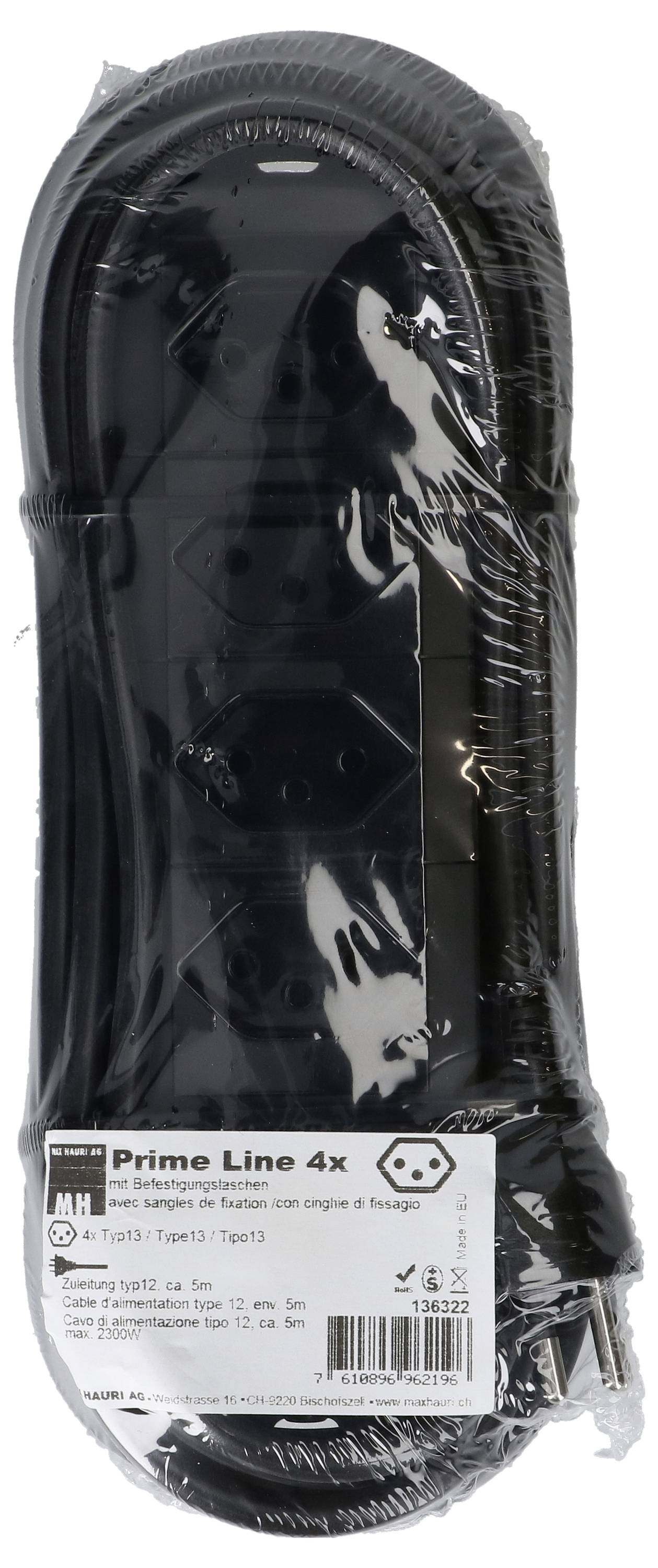 Verpackte schwarze Steckdosenleiste mit vier Steckplätzen. Eignung für Innenräume, einfache Nutzung, Marke 'Prime Line 4x'.