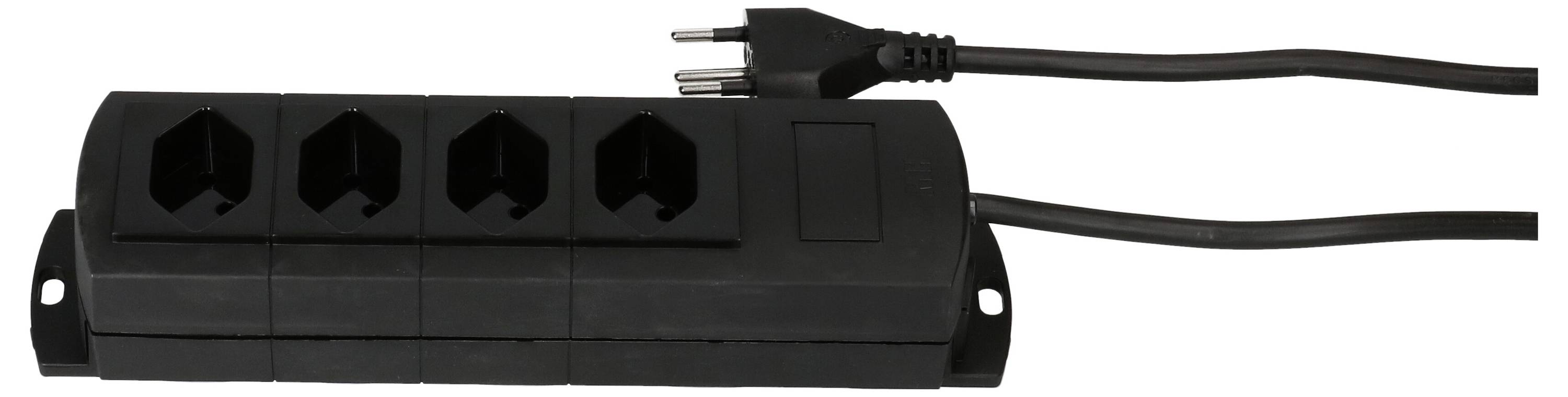 Schwarze Steckdosenleiste mit vier Steckplätzen und einem Kabel mit Stecker, geeignet zur Erweiterung von elektrischen Anschlüssen.
