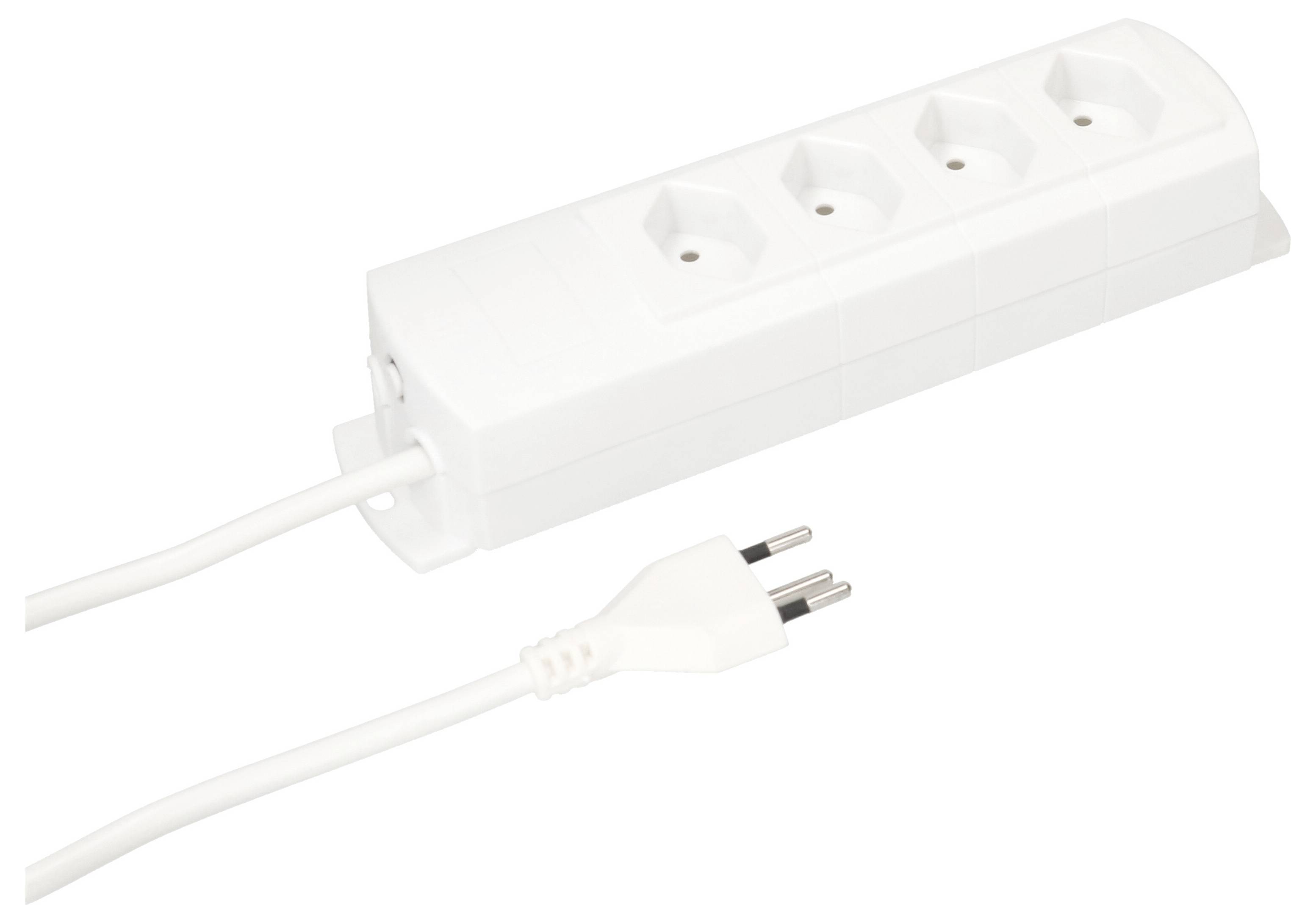 Vierfach-Steckdosenleiste aus weißem Kunststoff mit EU-Netzstecker, geeignet für den Anschluss mehrerer elektrischer Geräte.