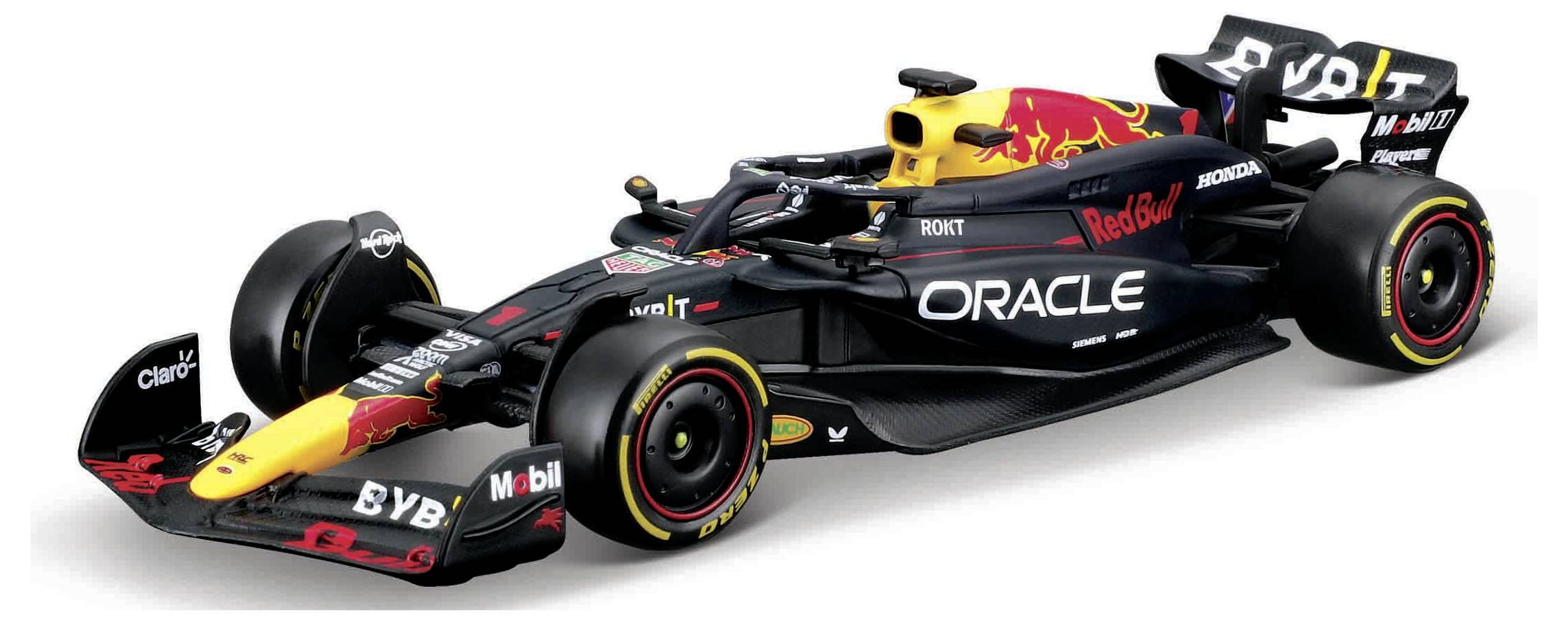 Ein Formel-1-Rennwagen in schwarzem Design mit roten und gelben Akzenten, Sponsorenlogos sichtbar. Fahrzeug von der Seite gezeigt.