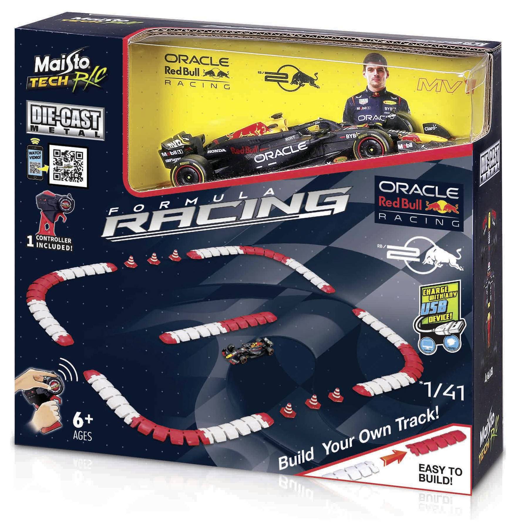 Spielzeug-Rennbahnset mit rotem und weißem Streckenlayout, ein Modellauto und ein Controller. Für Kinder ab 6 Jahren. 'Build Your Own Track!'