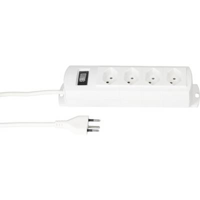 Weiße Steckdosenleiste mit vier Steckplätzen und einem An/Aus-Schalter, angeschlossener Stromkabel mit Eurostecker.