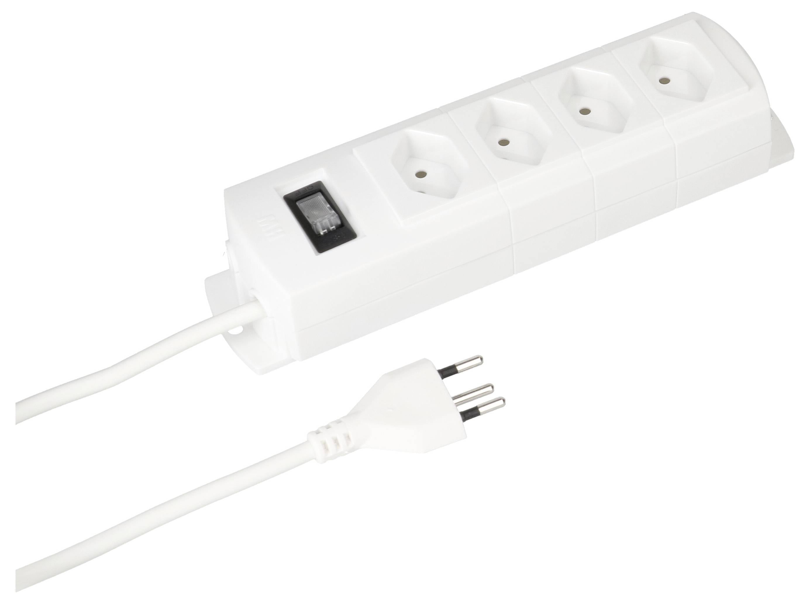 Weiße Steckdosenleiste mit vier Steckplätzen und einem schwarzen Schalter. Ein Stecker ist vom Kabelende getrennt.