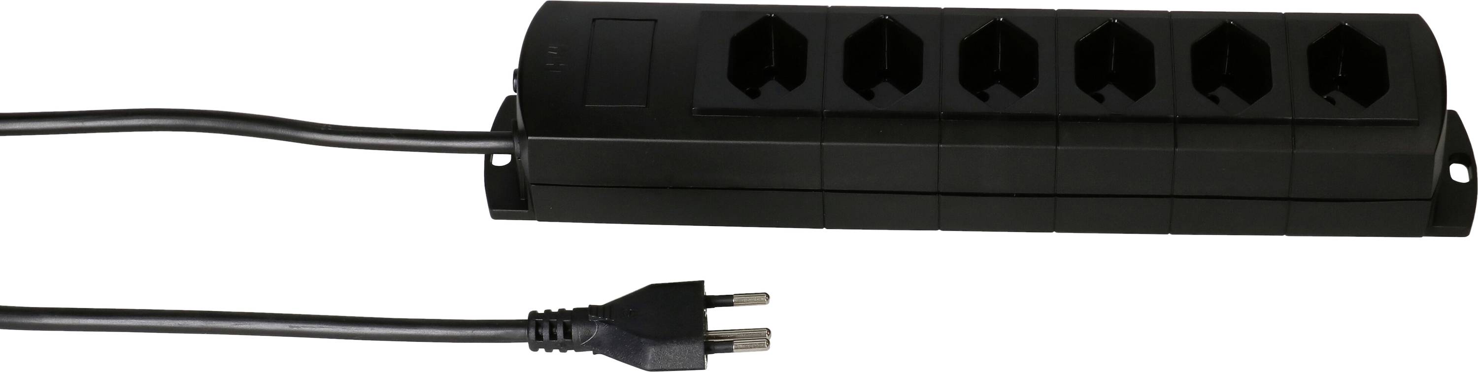 Schwarze Steckdosenleiste mit sechs Anschlüssen und einem Eurostecker am Kabel.
