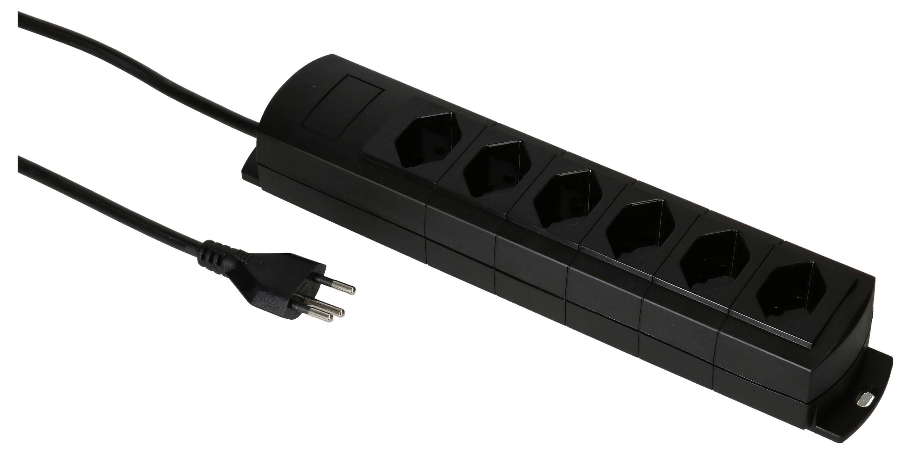 Sechsfach-Steckdosenleiste mit schwarzem Kabel und Stecker, für den Anschluss mehrerer elektrischer Geräte.