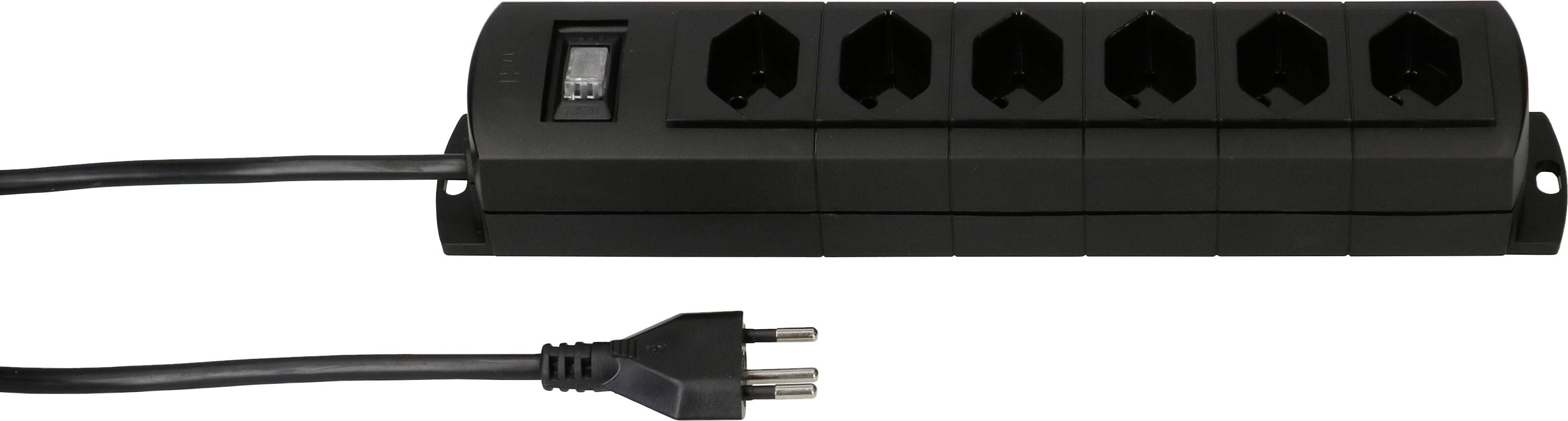 Eine schwarze Steckdosenleiste mit fünf Steckdosen und einem Schalter, links ein Stromkabel mit Stecker.