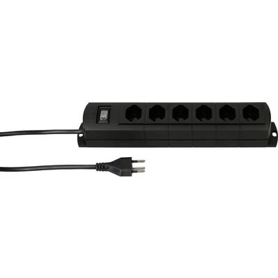 Eine schwarze Steckdosenleiste mit fünf Steckdosen und einem Schalter, links ein Stromkabel mit Stecker.