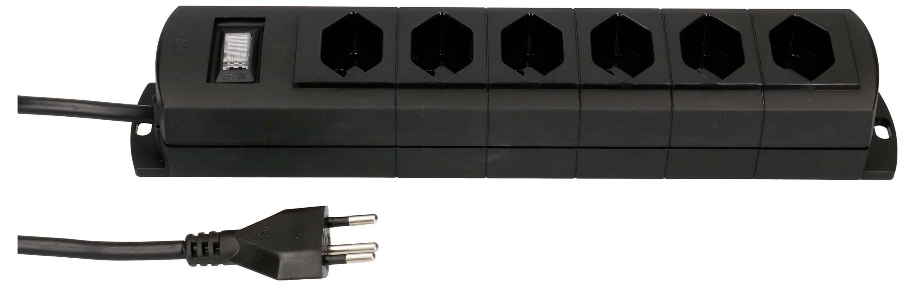 Eine schwarze Steckdosenleiste mit sechs Steckplätzen und einem angeschlossenen Kabel mit Schuko-Stecker. Ein An/Aus-Schalter ist sichtbar.