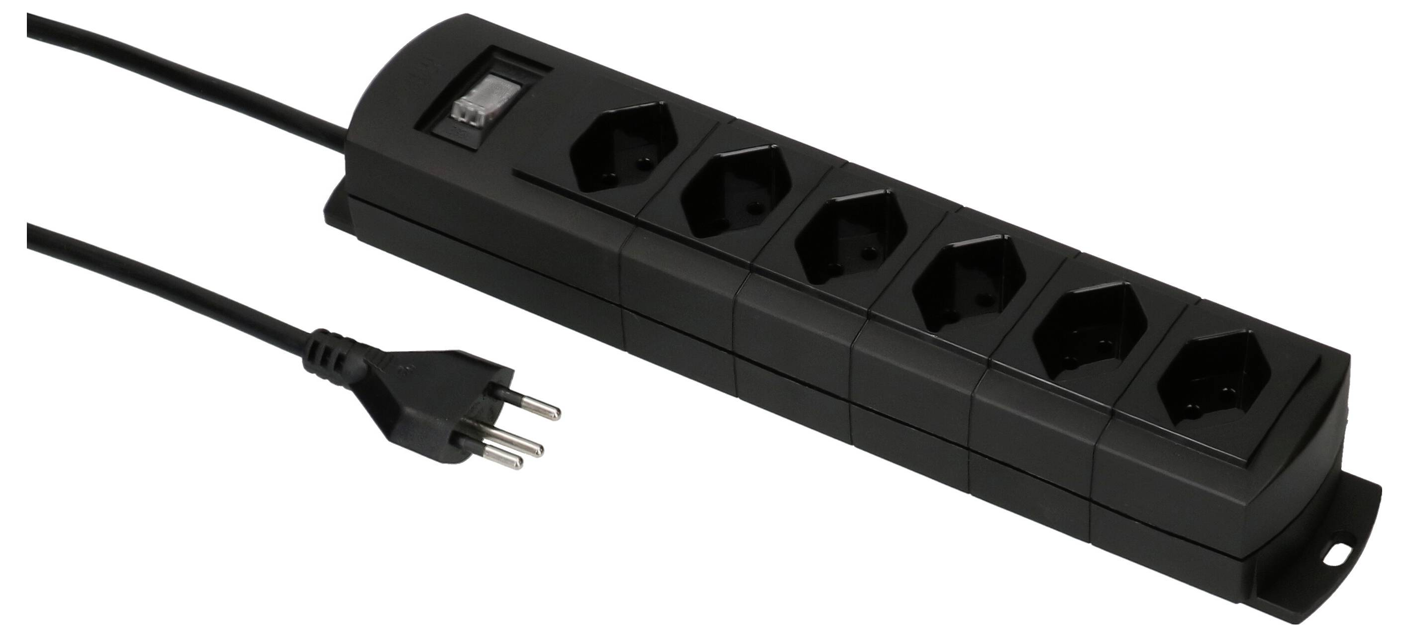 Schwarze Steckdosenleiste mit sechs Steckplätzen und Ein/Aus-Schalter, verbunden mit einem Netzkabel mit zweipoligem Stecker.