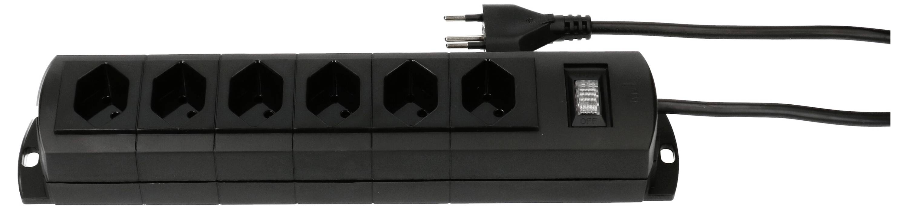 Schwarze Mehrfachsteckdose mit sechs Schuko-Steckplätzen und Kabel, rechts ein Schalter zum Ein- und Ausschalten.